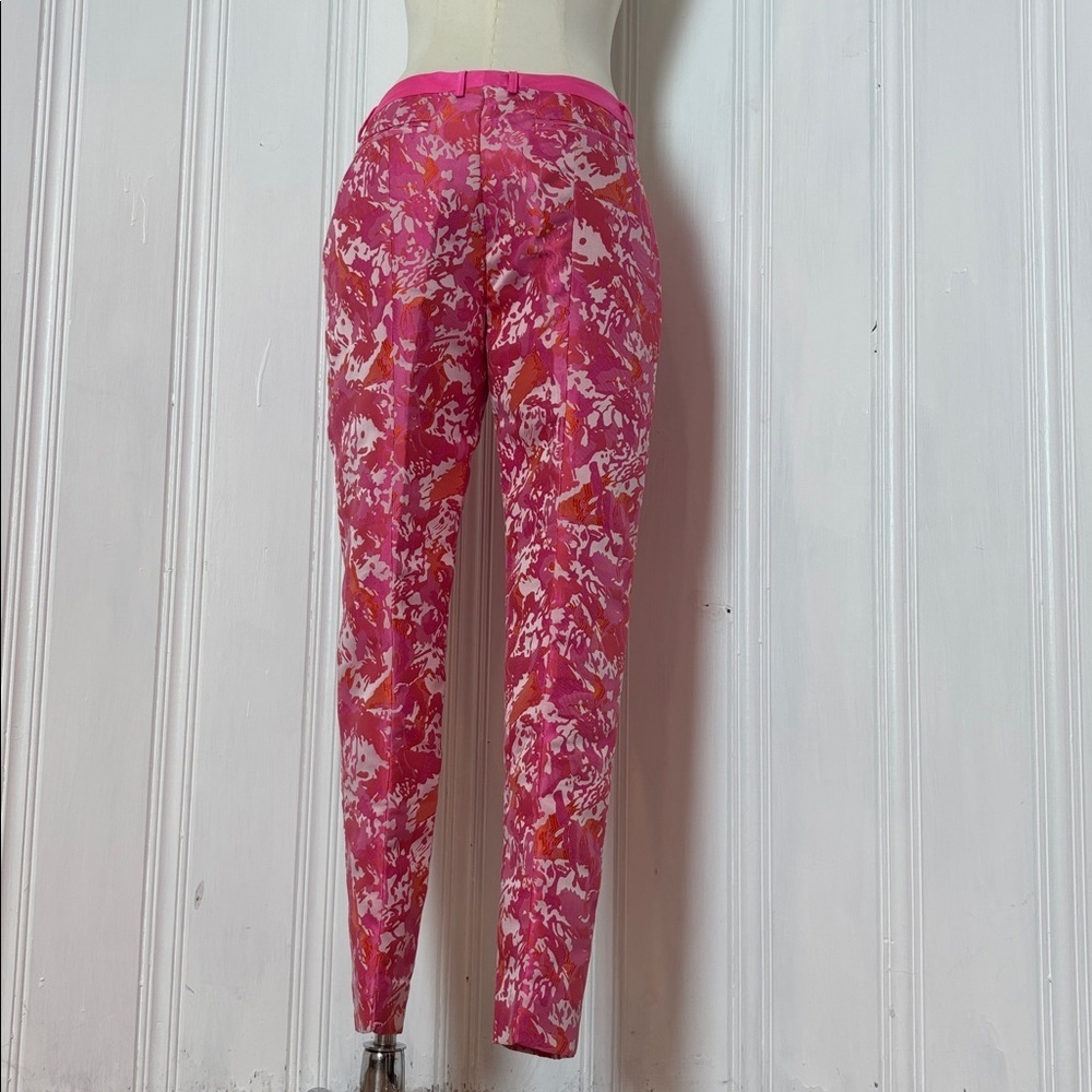 🌺 PINK TARTAN Neon Pink & Orange Brocade Cigarette Pants — Size 6 - Picture 3 of 7